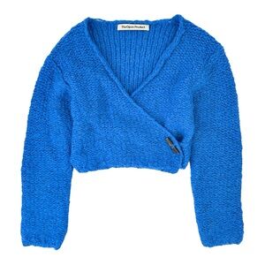 Open YY Wrap Cropped Cardigan - Blue Wool Alpaca Loose Fit Self Tie Cardigan
